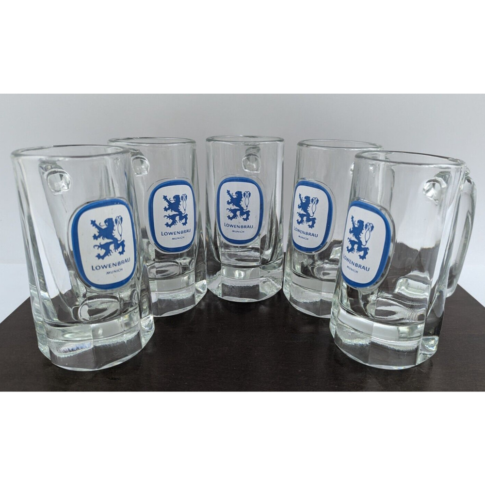 Set of 5 VINTAGE LOWENBRAU Heavy Glass Beer Steins 10 OZ. 5.5" Tall